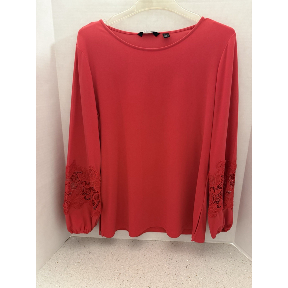 Dennis Basso Crepe Red Lace Ballon Long Sleeve Top Size L